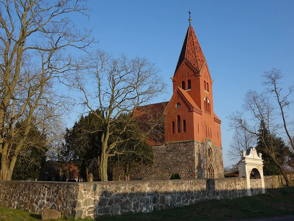 North-western view of the church in Mürow , Angermünde municipality , Uckermark district, Brandenburg state, Germany.
