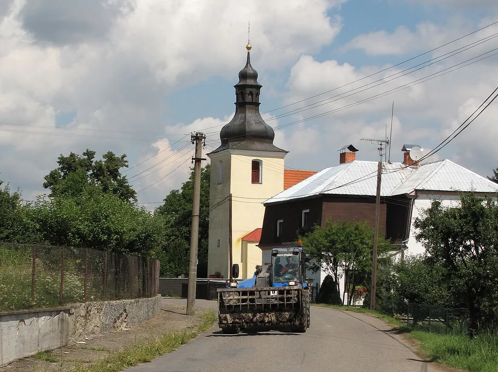 Church of Saint Gall as seen from south in Teplýšovice village, Písek District, Czech Republic.