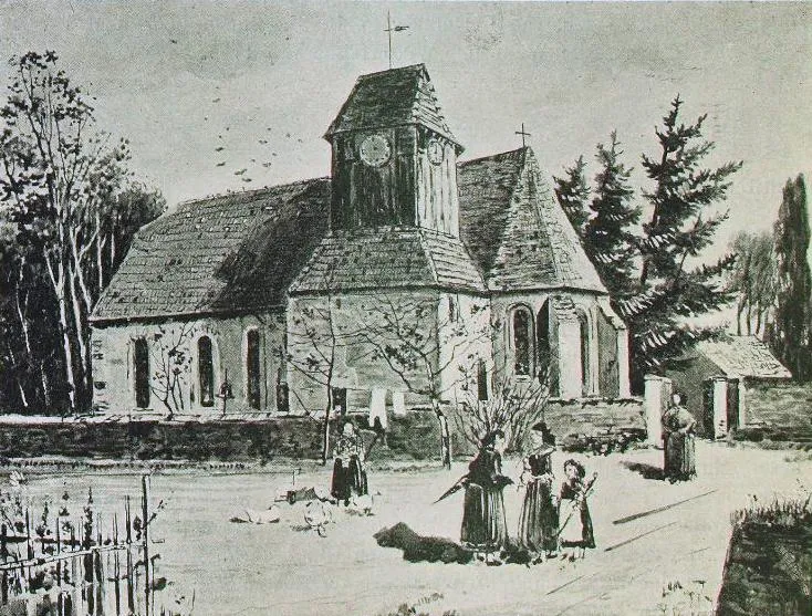 Rysowanka stareje Radworskeje wosadneje cyrkwje před wottorhanjom cyrkwinskeje łódźe w lěće 1896.