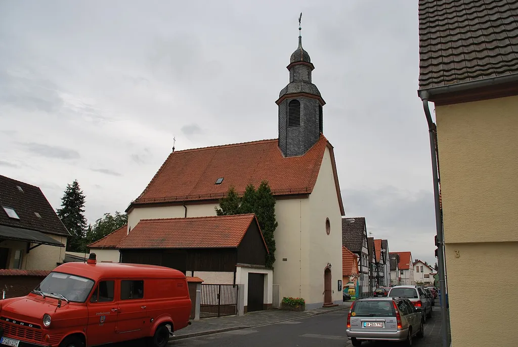 The church, built in 1752 in Dietesheimer. Originally a Catholic church that later became a Protestant church. Photographed from the east with a view of the lower Main Street.
