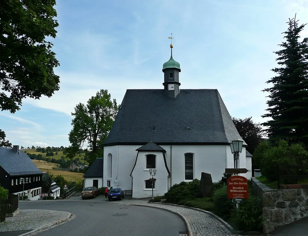 This image shows the evangelic church (built 1734/36) in Deutschneudorf in the Ore Mountains.