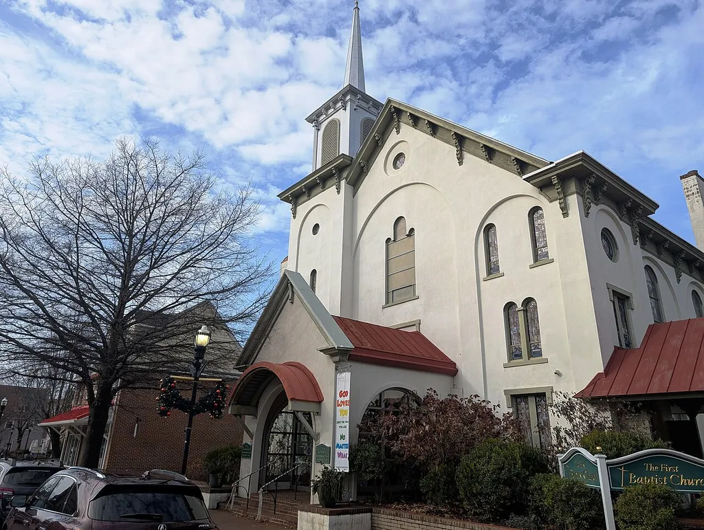 Photo of First Baptist Church in Moorestown, New Jersey. Photo taken from County Route 537 (Main Street) looking west-northwest.