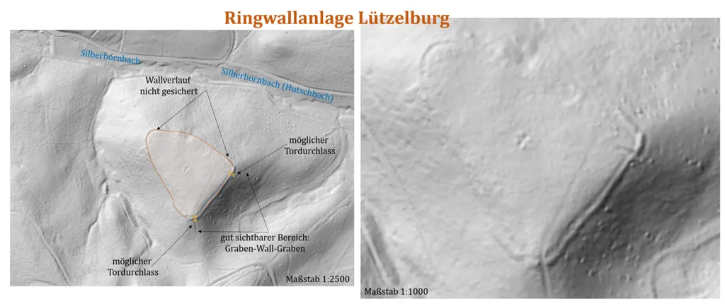 Reliefdaten, Umriss und Markierung besonderer Teile der Hallstattzeitlichen Ringwallanlage Lützelburg Reliefdaten (Maßstab 1:2500 (links), 1:1000, beide: Auflösung 1 m, Rohdaten: Land Hessen, (https://gds.hessen.de/) aus dem hessischen Windatlas (https://windrosen.hessen.de) extrahiert.