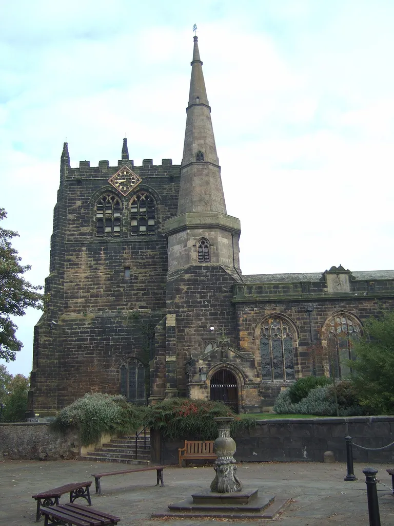 Ormskirk Parish Church (St. Peter &amp; St. Paul), in Ormskirk, Lancashire, England. It is one of only three parish churches in the whole of England to have both a tower and a spire, and unique in having both at the same end of the building.
