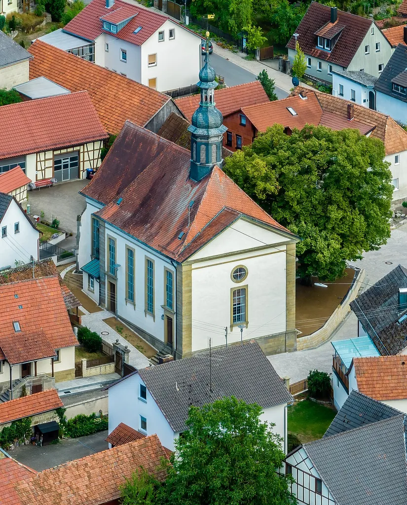 St. Luke's in Mailes in the district of Schweinfurt, aerial view.