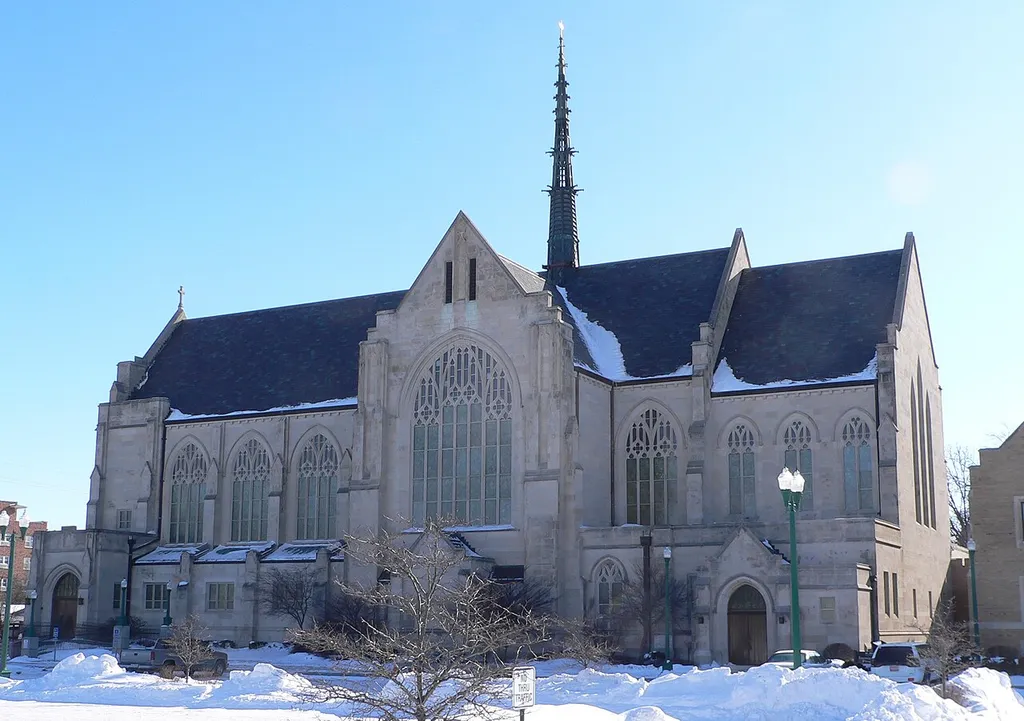 Cathedral of the Nativity of the Blessed Virgin Mary in Grand Island, Nebraska; seen from the north. The cathedral was designed in Late Gothic Revival style by architects Brinkman &amp; Hagan; the cornerstone was laid in 1926. The building is listed in the National Register of Historic Places.