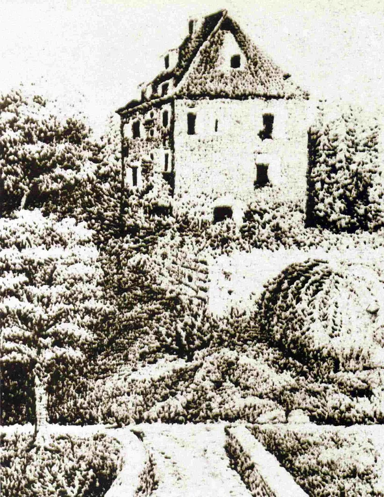 Burg Bieberstein im Jahr 1865. Im Vordergrund Brücke über die Wiehl nach Remperg