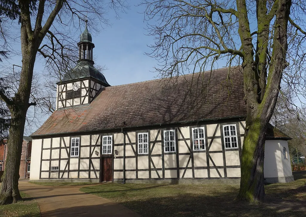 South-south-eastern view of village church in Milow, Milower Land municipality, Havelland district, Brandenburg state, Germany.