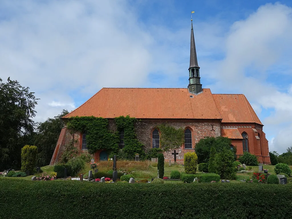Southern view of the church St.Marien in Witzwort , Witzwort municipality , Nordfriesland district, Schleswig-Holstein state, Germany.