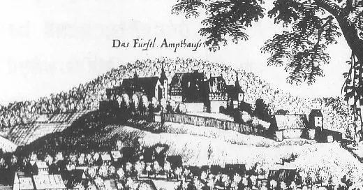 castle in a historical engraving of Lauenstein, Lower Saxony, Germany (cropped)