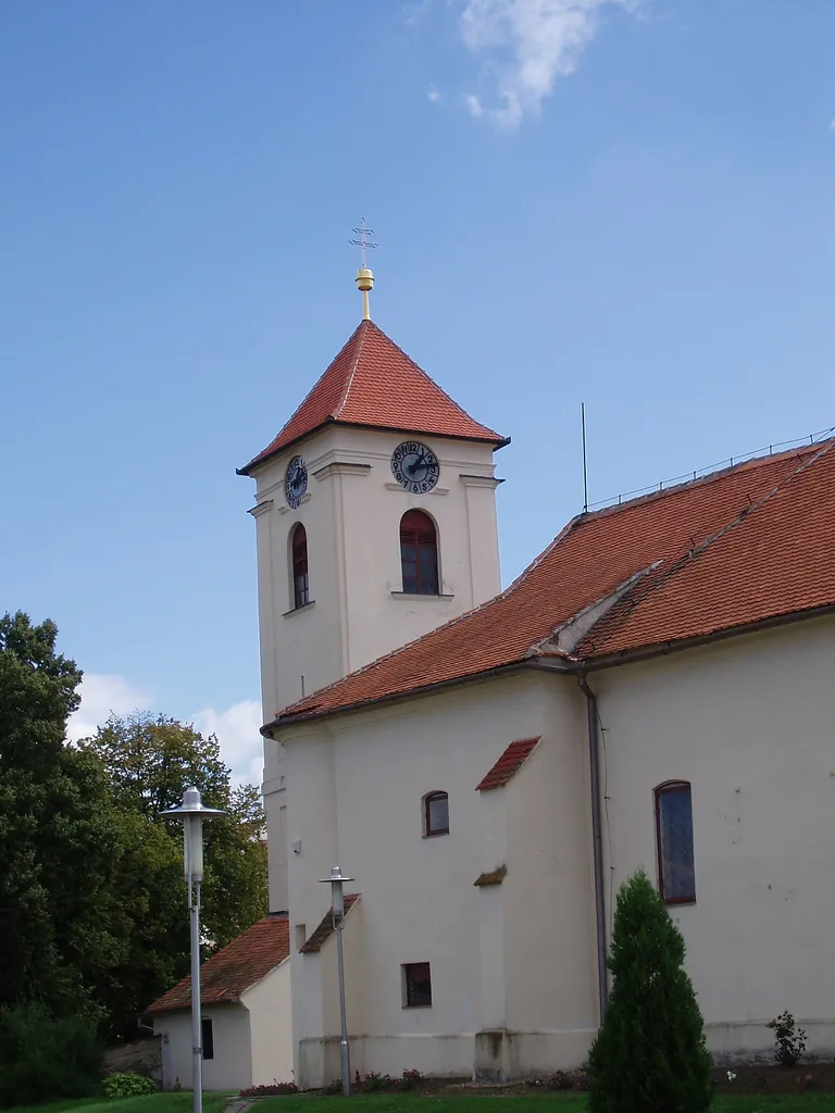 St George church in Kobylí, Czech Republic. The bell tower in the background is a separate building.