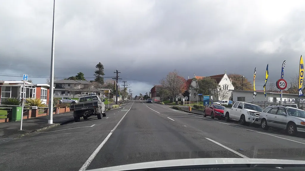 Look along Rata Street, with St Andrew's Church, Inglewood on the right.