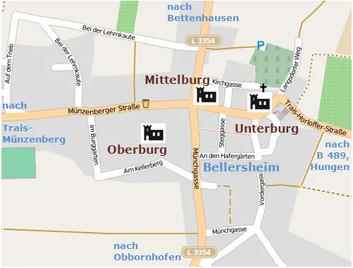 Lage der drei Bellersheimer Burgen in Hungen