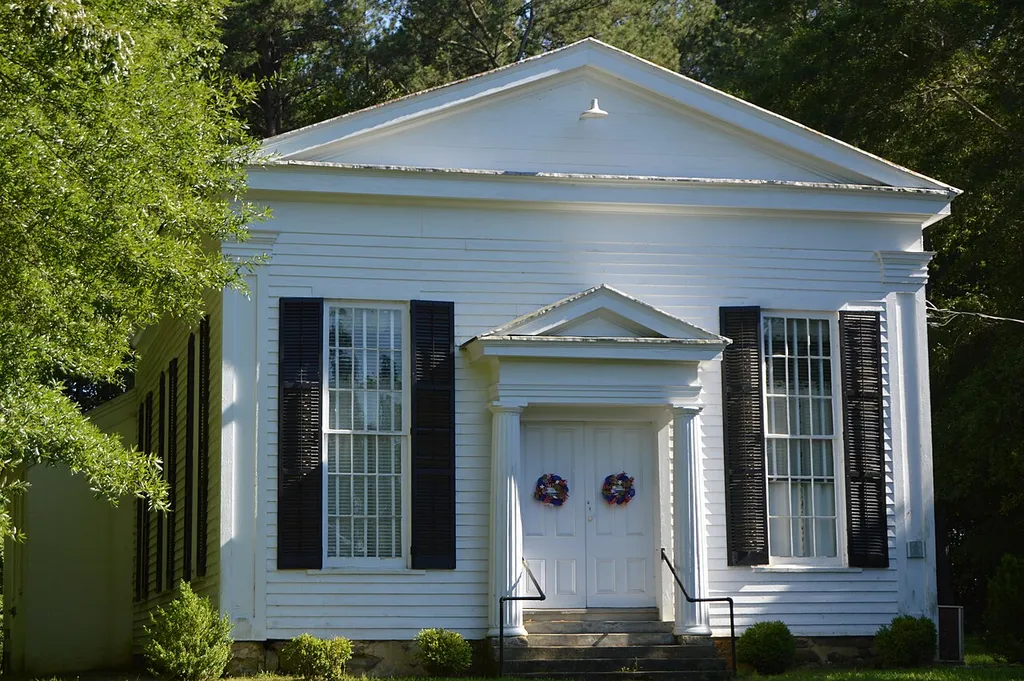 Front of the Rocky Run Methodist Church, located on Lew Jones Road northeast of Danieltown in Brunswick County, Virginia, United States. Built in 1857, it is listed on the National Register of Historic Places.