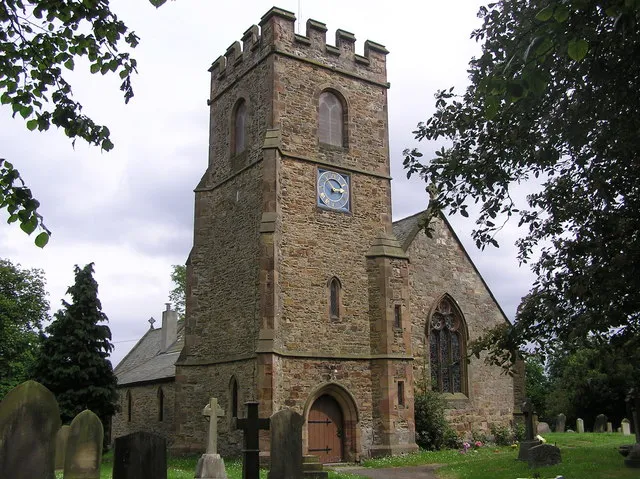 St Peter's parish church, Bishopton, County Durham. View from the northwest, showing the west tower added when the church was rebuilt in 1847.