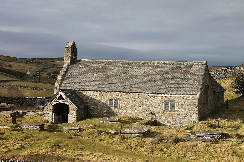 Llangelynnin Church. 12th Century, possibly one of the remotest churches in Wales (53.2458°N 3.8730°W), and is amongst the oldest. It is just over 900 feet above the village of Henryd in the Conwy valley.