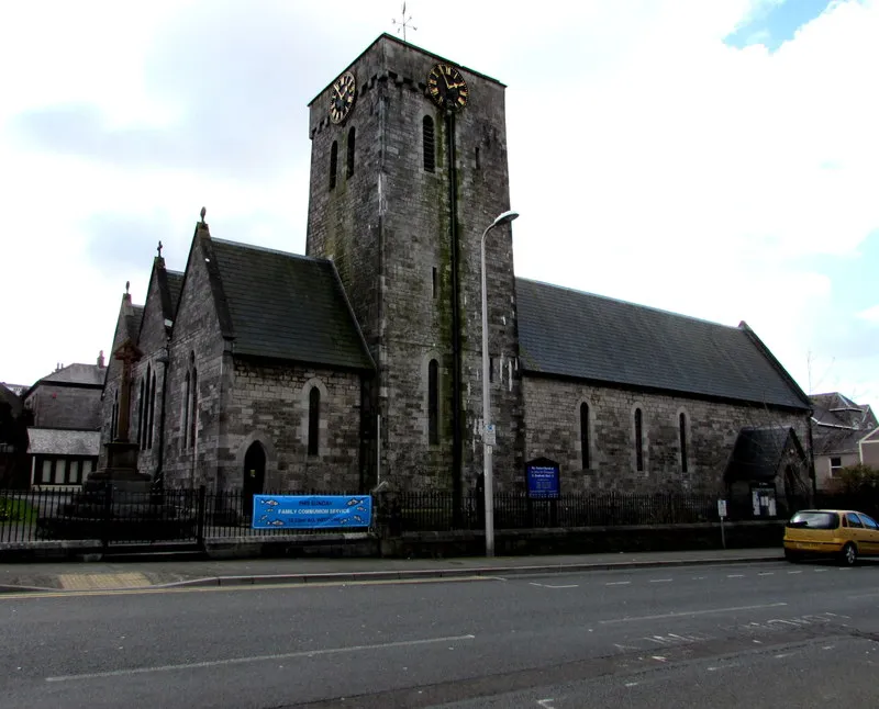 Parish Church of St John the Evangelist, Pembroke Dock. On the corner of Church Street and Bush Street, the Victorian church is in the Church in Wales Diocese of St Davids.