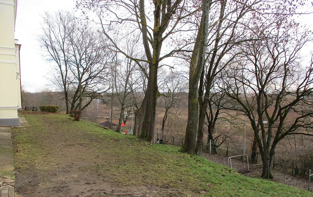 Kastellikünka lõunakülg praeguse Tukumsi algkool - internaadi taga. Arvatavasti pole see mäekülje algne kuju, vaid seda on täidetud ja tasandatud. Vaade läänest.