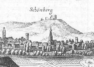 Burgruine Schön(e)berg über Hofgeismar, Hessen, aus: Topographia Hassiae, Teilausschnitt