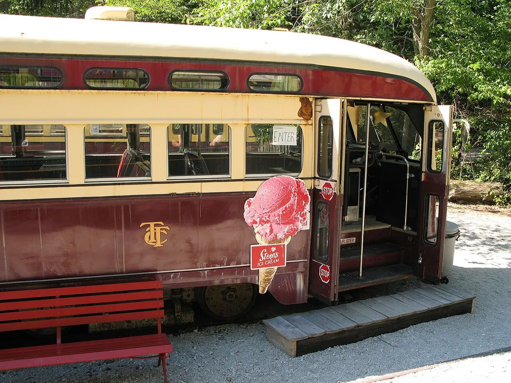 An ex-Toronto Transit Commission PCC streetcar acting as an ice cream shop at the Halton County Radial Railway museum near Rockwood, Ontario, Canada.
