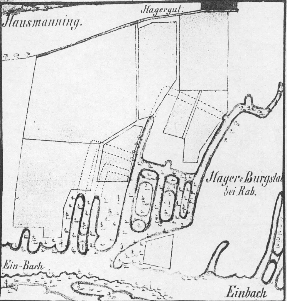 Planskizze (Taf. II, Fig. II) des Hager-Burgstalls von Johann Ev. Lamprecht