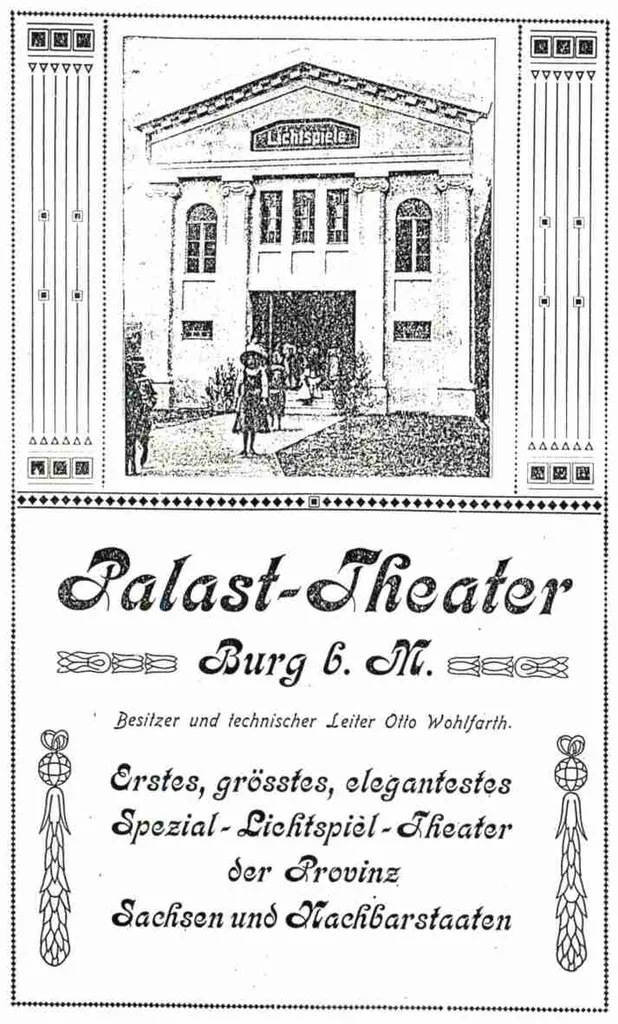 Anzeige des Kinos Palast-Theater (heute Burg Theater) in Burg bei Magdeburg, 1911?