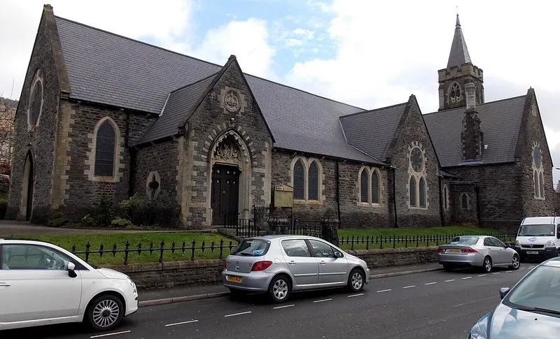 St Margaret's Church, Mountain Ash. Viewed across Dyffryn Road. The Parish Church of St Margaret is in the Church in Wales parish of Mountain Ash &amp; Miskin, Diocese of Llandaff.