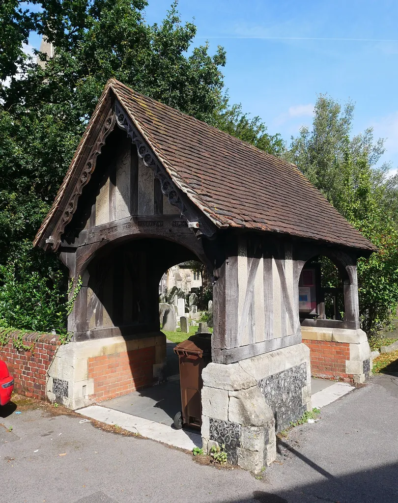 The lychgate of the Church of Saint Dunstan, Cheam, as seen from the southwest.