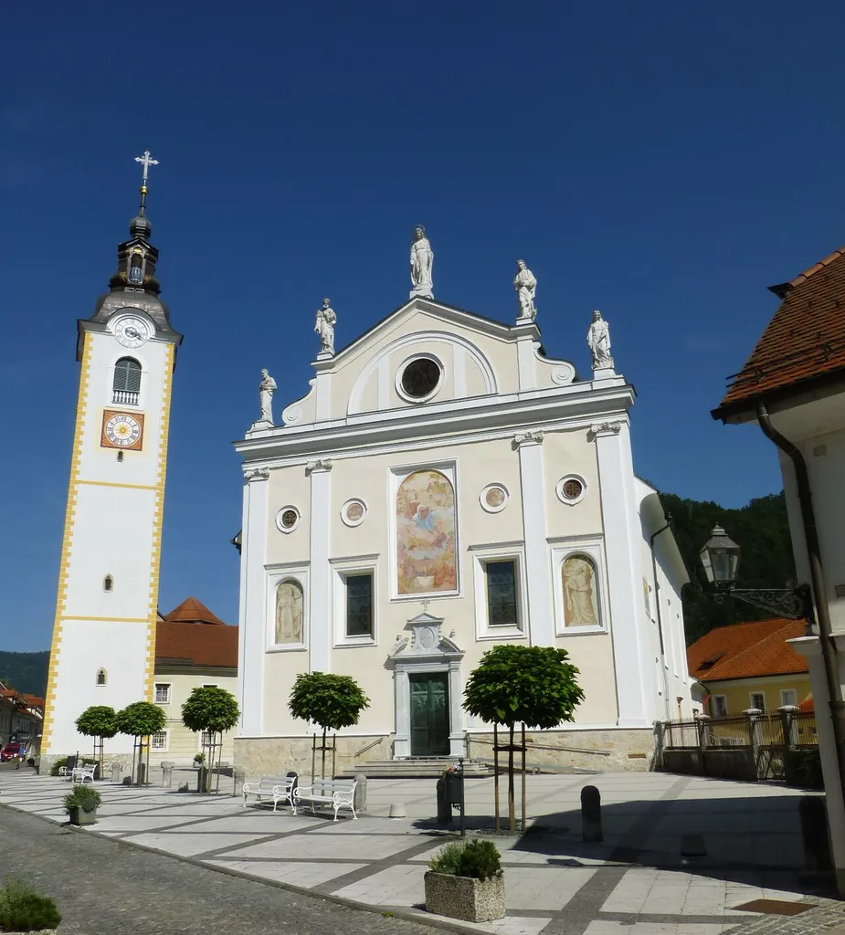 Immaculate Conception Parish Church of Kamnik, Carniola, Slovenia. Note the separate tower. Build in 1734, and renovated after the earthquake in 1895.