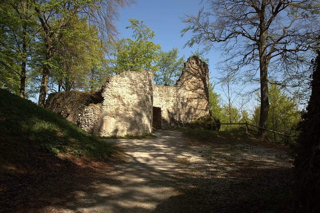 Burgruine Leienfels - Ansicht der Kernburg mit Zugang und einem flankierenden Rundturm
