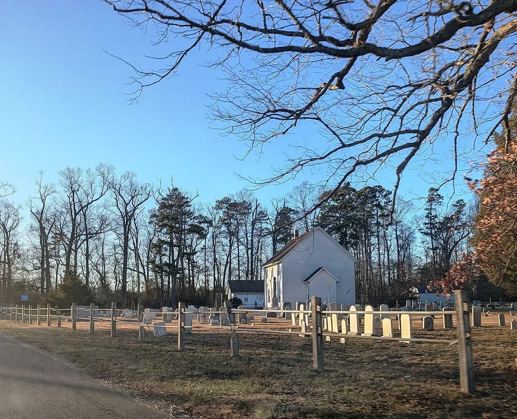 Photo of Friendship Church and Cemetery in Buena, New Jersey. Photo taken from County Route 690 (Weymouth Road) looking west-northwest.