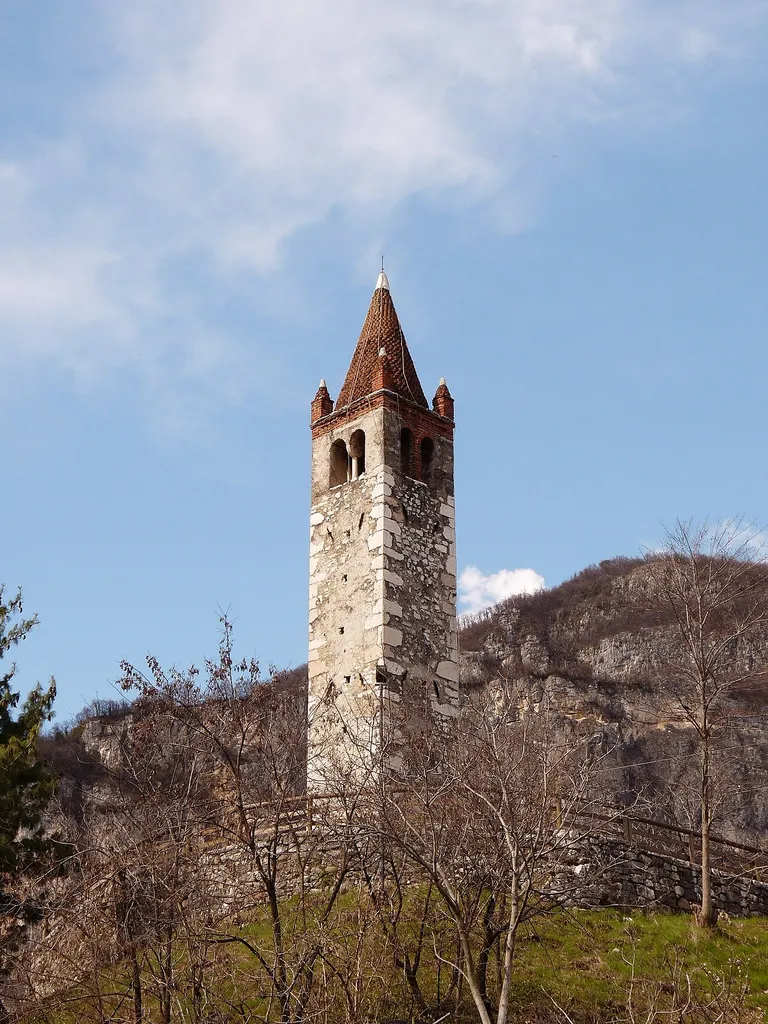Mori (Italy): tower of the church of San Biagio (XIII century), in the locality called "Seghe". The church has been definitively destroyed in the autumn of 1944 during an aerial bombardment.