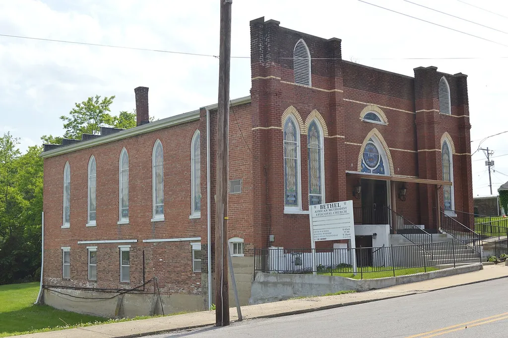 Front and eastern side of Bethel AME Church, located at 414 Henry Clay Street in Shelbyville, Kentucky, United States. Built in 1916, it is listed on the National Register of Historic Places.