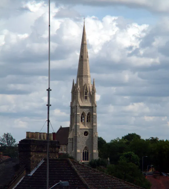 Christ Church, Forest Hill SE23. This view was from the footbridge at Forest Hill station. A grade 2 listed building, it was begun in 1852 and consecrated in 1854. The spire was completed in 1885. The church was declared redundant in July 2003 and was due to be converted into residential accommodation with a small place of worship created in the chancel.