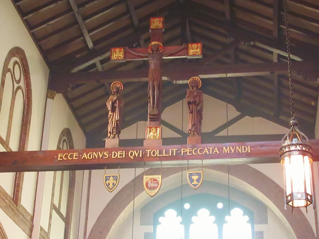 Rood beam carved by Johannes Kirchmayer in 1913, located in the Church of the Saviour, Syracuse, New York.