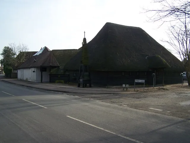 St Francis de Sales Catholic Church on junction of Church Road (on left) and Stack Lane (on right). Unusual Thatched Barn Church.