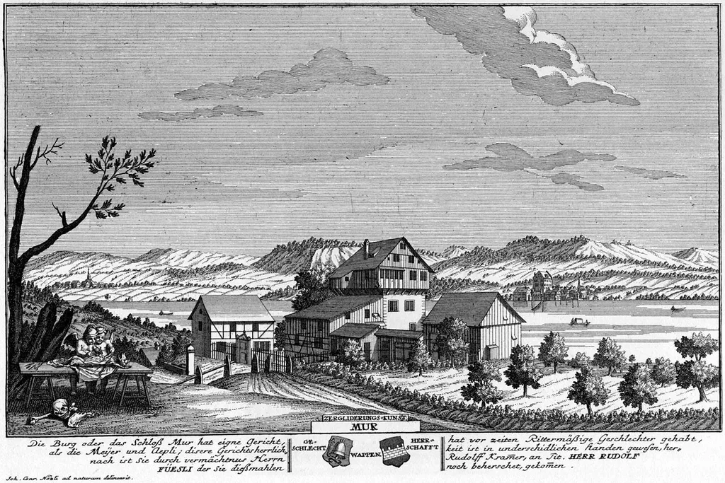 Das Schloss Maur 1742. Radierung von David Herrliberger nach einer Tuschezeichnung von Hans Conrad Nözli. Erschienen in Eigentliche Vorstellung der Adelichen Schlösser im Zürich Gebieth, Blatt 12, Zweite Lieferung 1743