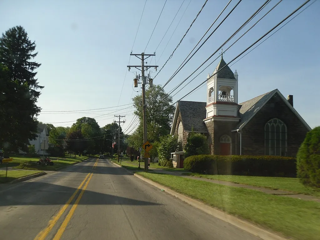 Northbound Pennsylvania Route 308 (Franklin Street) in Clintonville, Pennsylvania north of Thorne Alley.
