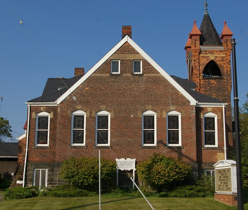 A view of Bedford Baptist Church at 750 Broadway Avenue, in Bedford, Ohio. The structure, built in 1892, is listed on the National Register of Historic Places.