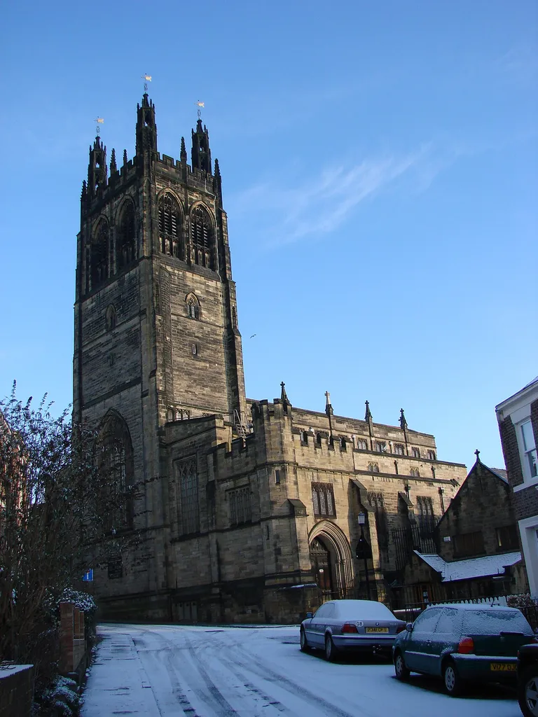 View north along Summerhill Street, Elswick, Newcastle upon Tyne, to St Matthew's parish church, Big Lamp
