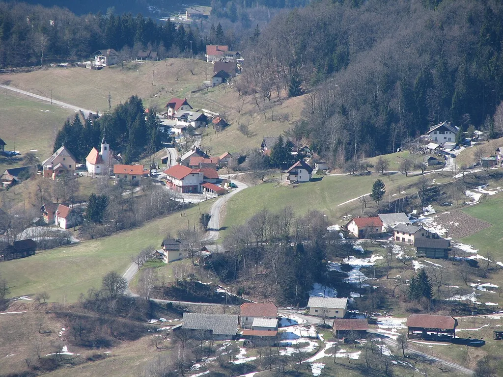 Village of Čeče, Trbovlje municipality, Slovenia, as seen from Kal (approx. 975 m)