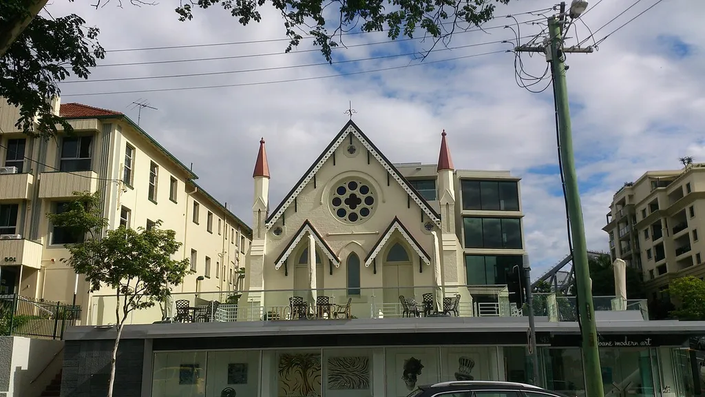 With art gallery at street level below. This photo was taken after the Fortitude Valley Primitive Methodist Church was sold in 1982.