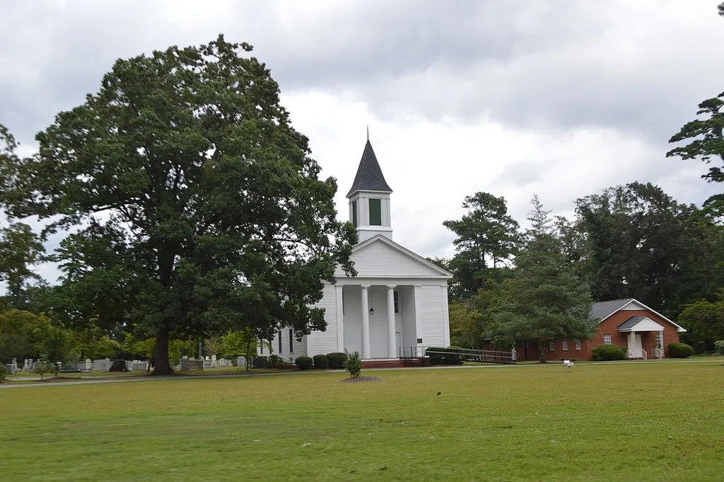 Front of Philadelphus Presbyterian Church, located on Buie-Philadelphus Road at Philadelphus in Robeson County, North Carolina, United States. Built in 1858, it is listed on the National Register of Historic Places.