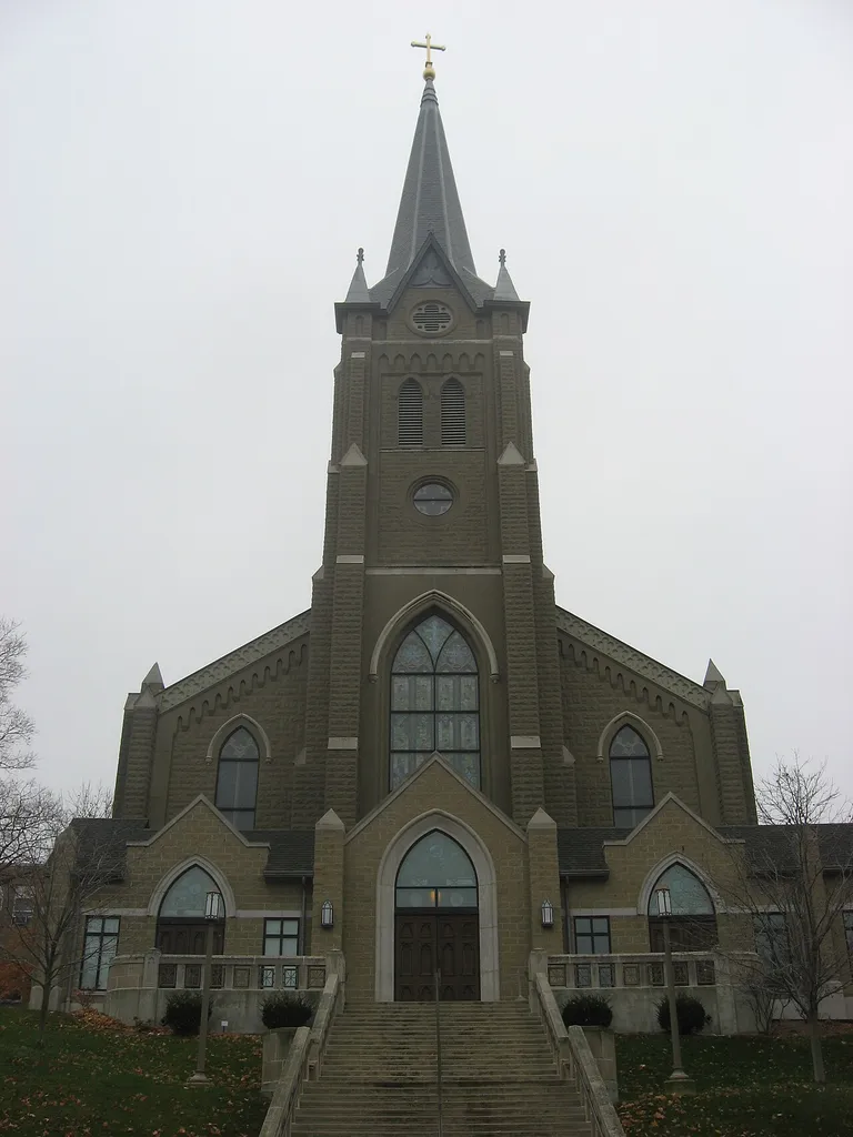 Front of the Cathedral of Saint Mary of the Immaculate Conception in Indiana, located at 1207 Columbia Street in Lafayette, Indiana, United States. Built in 1866, it is the seat of the bishop of the Roman Catholic Diocese of Lafayette-in-Indiana. It is also a part of the St. Mary Historic District, a historic district that is listed on the National Register of Historic Places. Cathedral website.