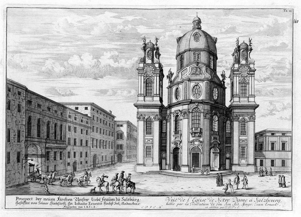 Illustration from "Entwurff einer historischen Architectur" (Project of a historic architecture). The baroque church "Notre Dame" in Salzburg.