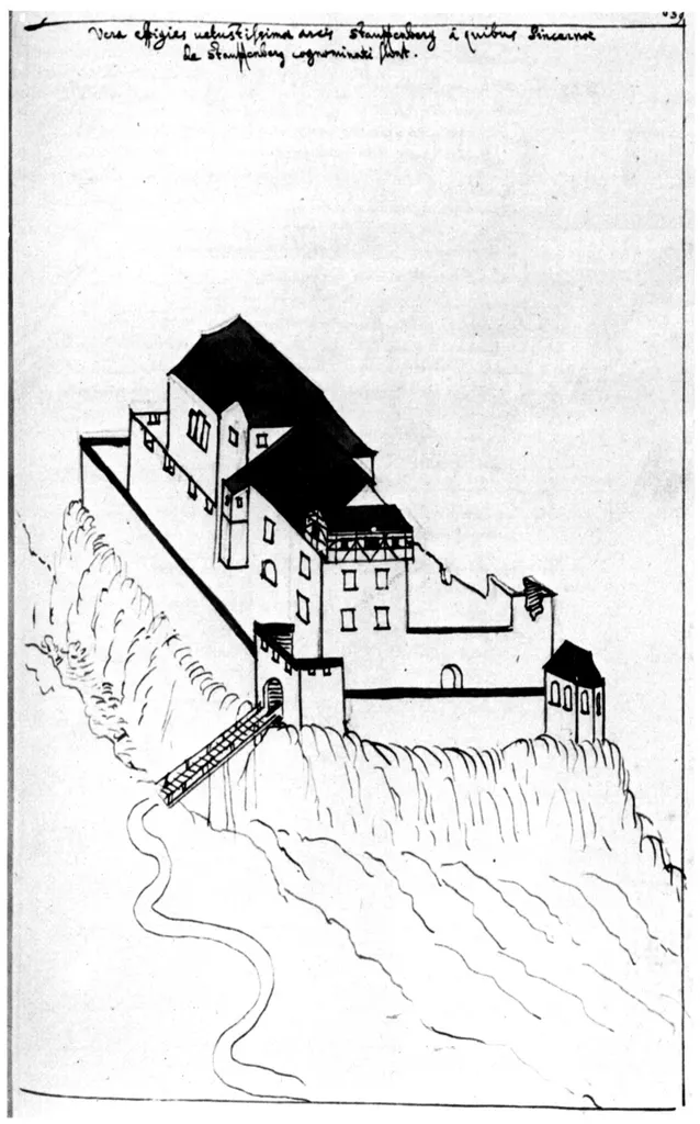 Burg Stauffenberg (abgegangene Stammburg der Schenken von Stauffenberg bei Hechingen), aus: Württembergische Landesbibliothek, HB V 16 fol 455r