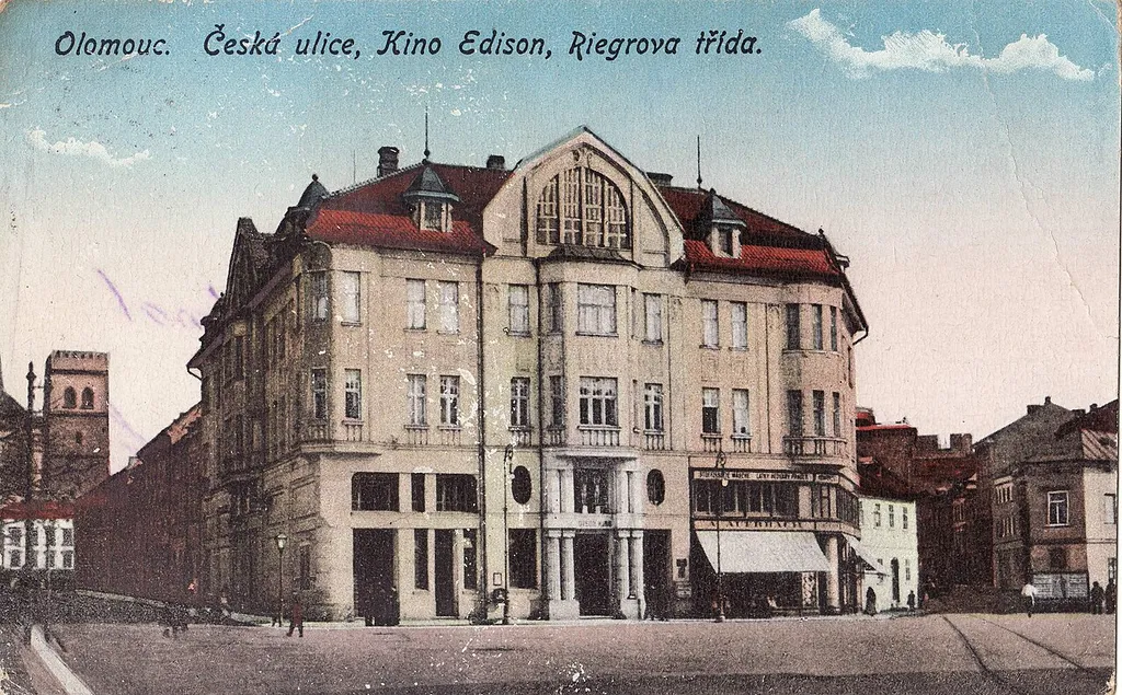 Postcard with the cinema Edison in Olomouc, built in 1913. After WWII renamed Mír (English translation: Peace). Shut down in 1992.