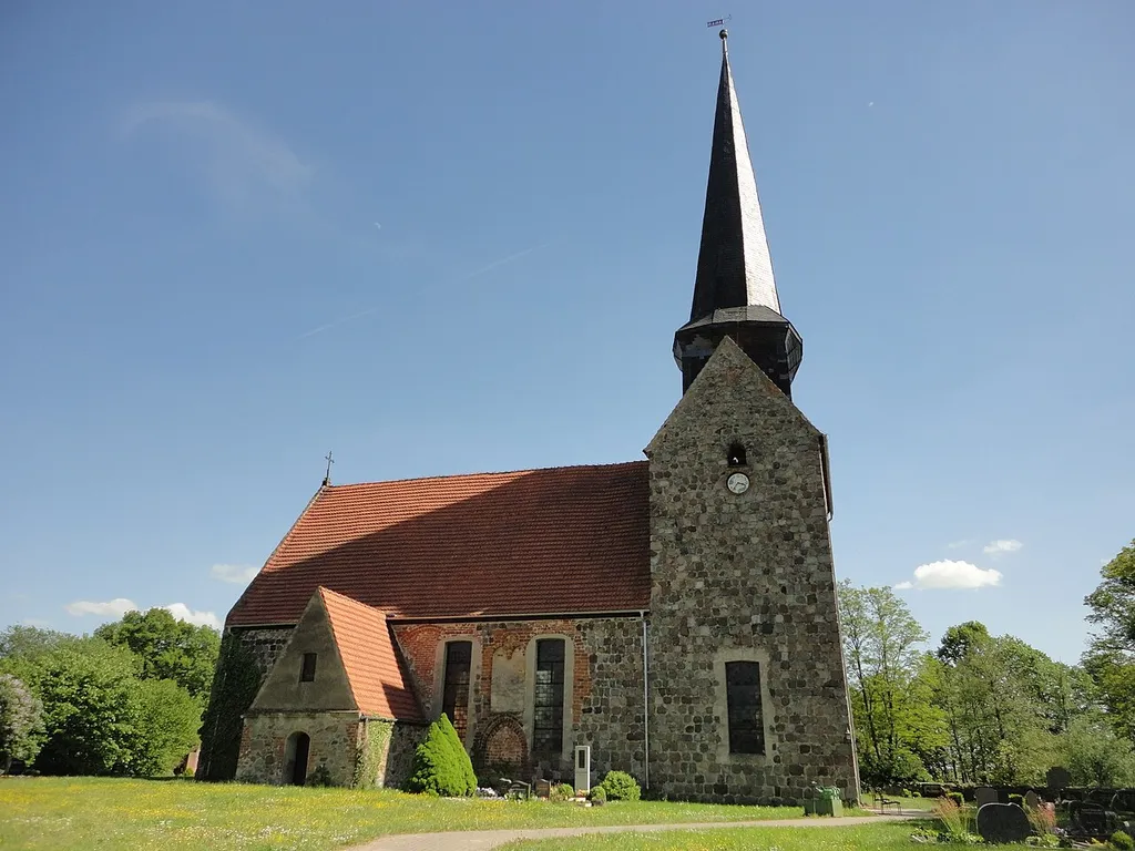 Northern view of the church in Kraatz, Gransee municipality, Oberhavel district, Brandenburg state, Germany.