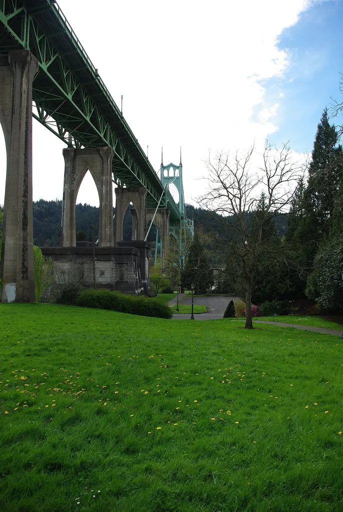 St. Johns Bridge from Cathedral Park in w:Portland, Oregon.