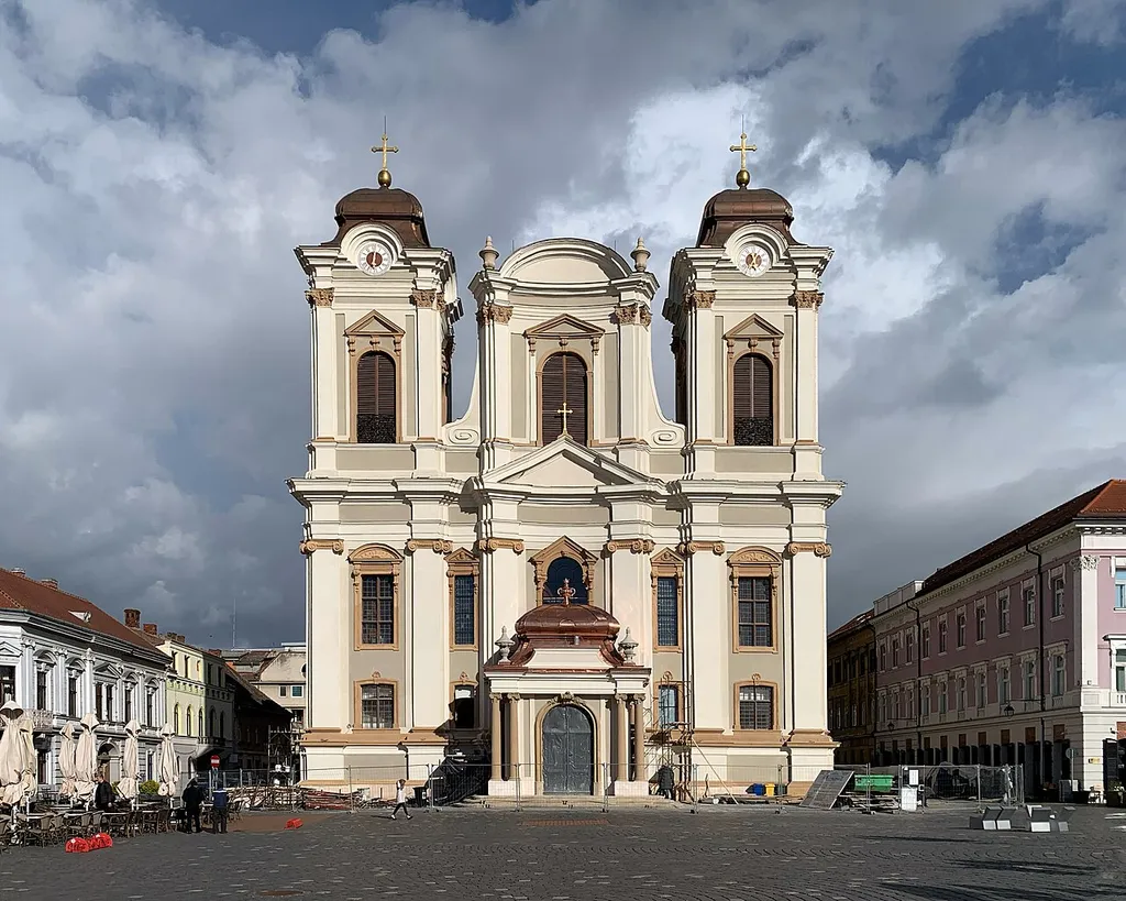 The Roman-Catholic Dome Cathedral of Timișoara. The photo was taken in early 2023 when the exterior facade renovation works were completed, albeit the interior still closed to the public for renovations.